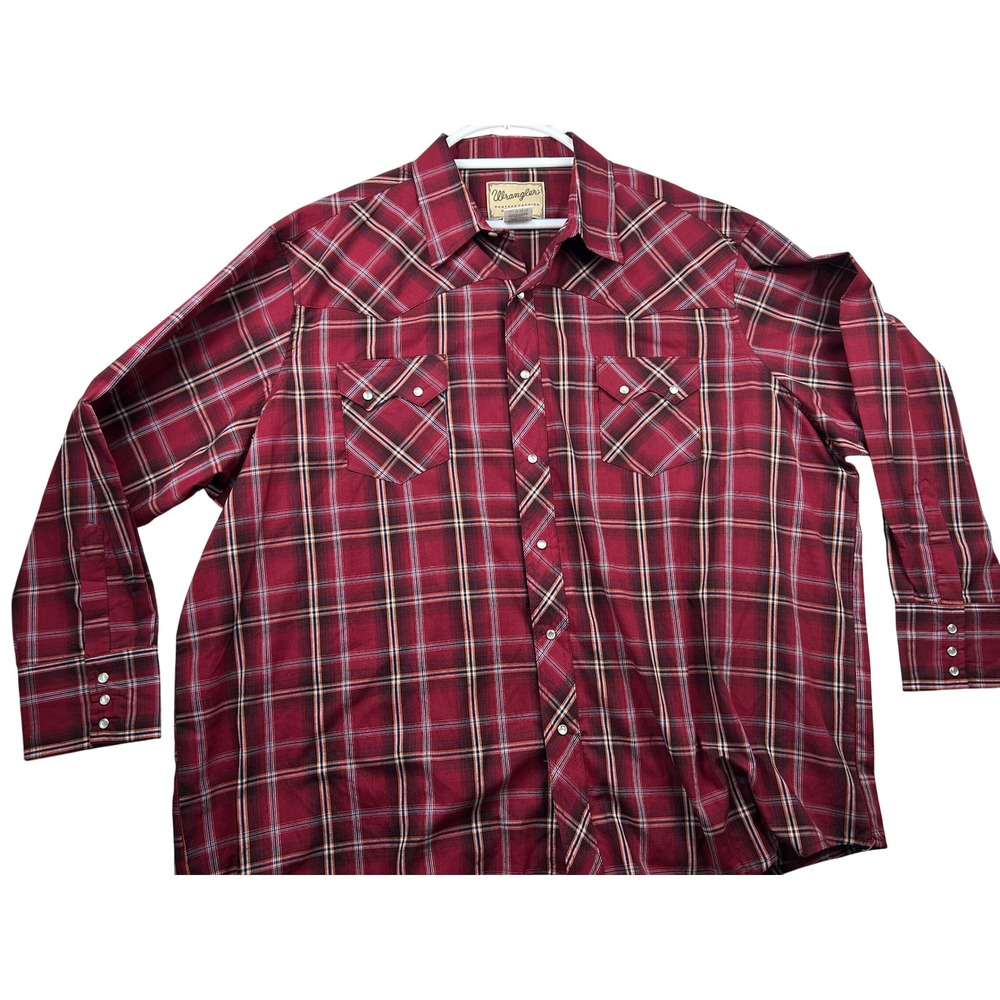 Wrangler Men's Western Shirt 3XL Red Plaid Pearl Snap Long Sleeve Cowboy Rodeo